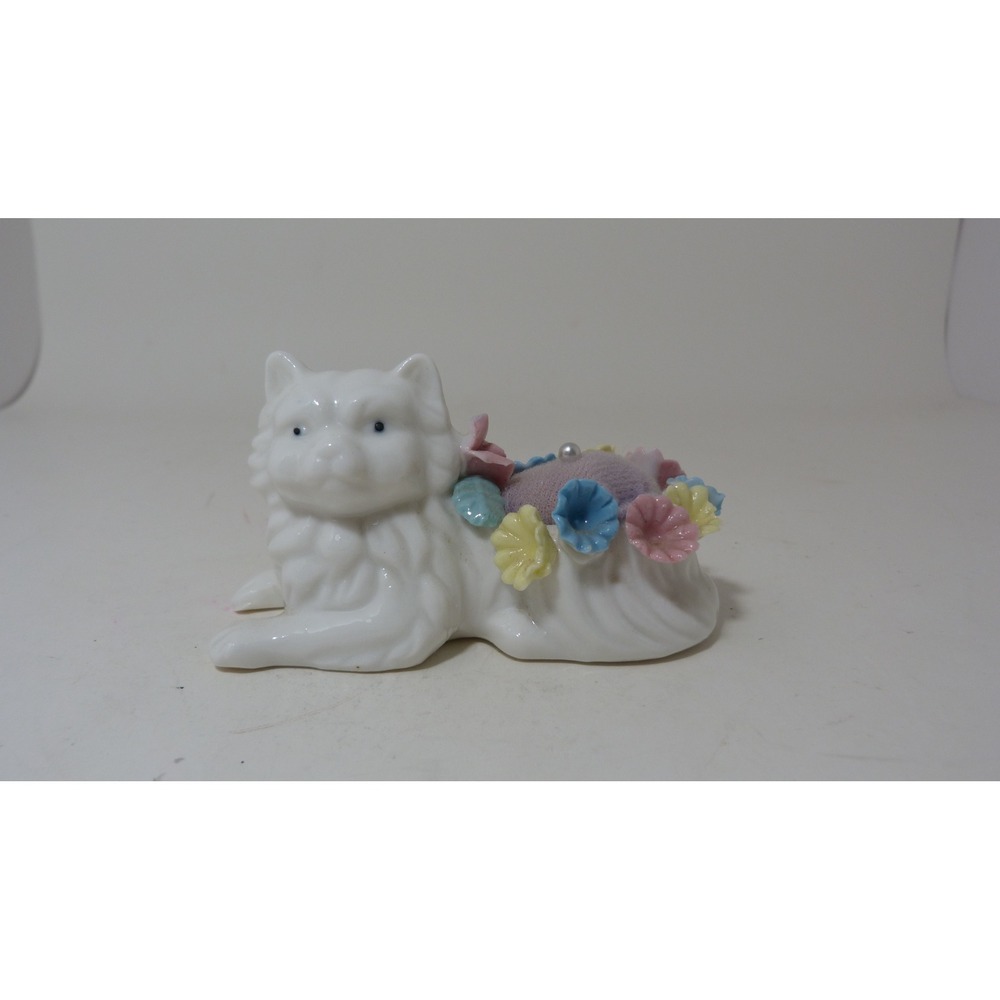 Vintage White Porcelain Cat Pincushion with Applied Pastel Flowers Figurines